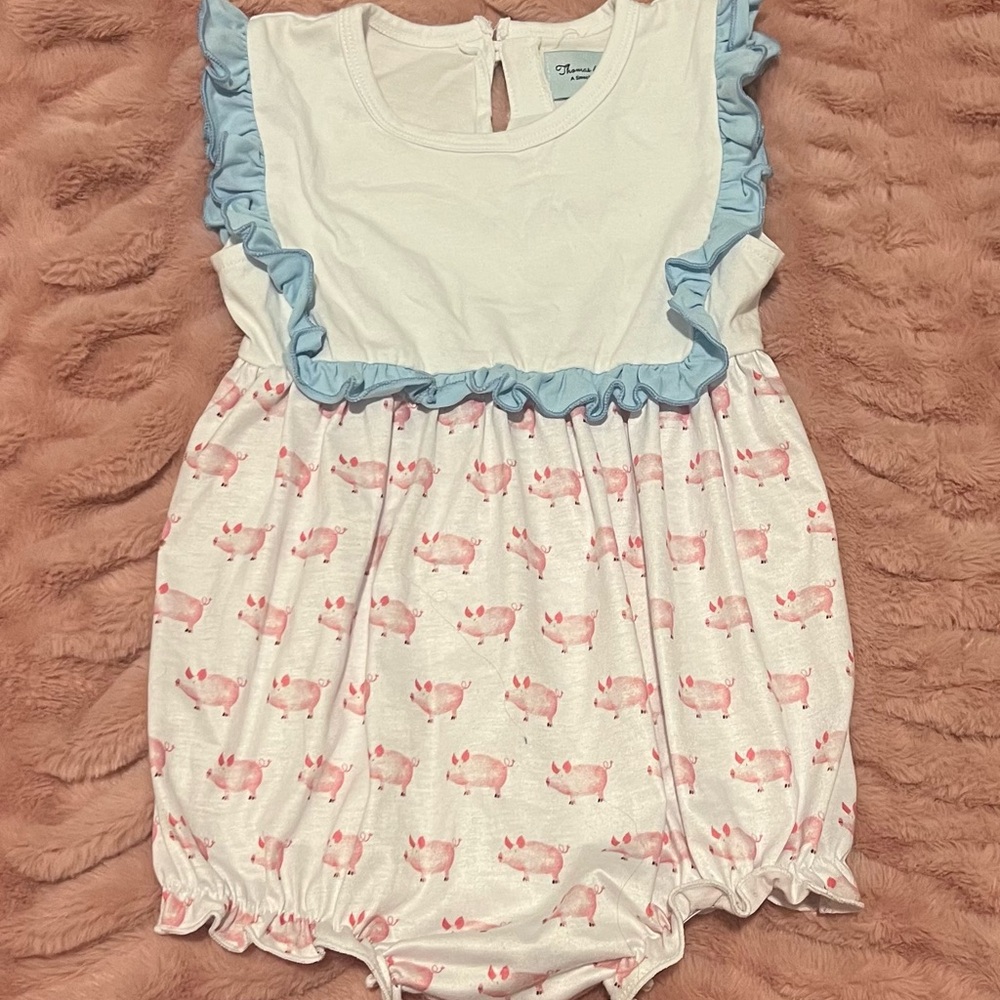 3T Boutique Adorable White and Pink Baby Romper with Blue Ruffles